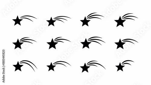 Graphic illustration of black stars with motion trails on a white background, cinematic style.