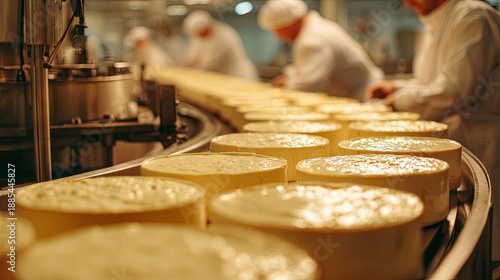 Industrial cheese production process in a modern dairy factory with automated equipment, quality control, and hygienic food manufacturing environment
