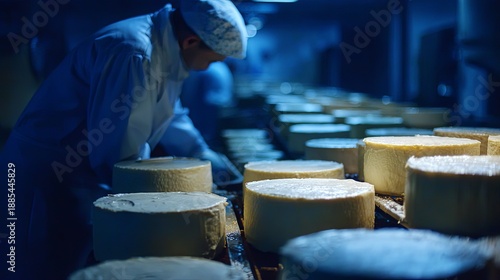 Industrial cheese production process in a modern dairy factory with automated equipment, quality control, and hygienic food manufacturing environment
