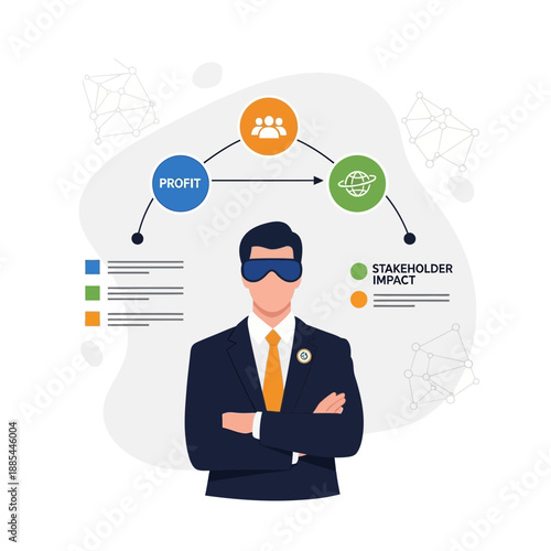 Illustration depicting a concept of profit driving stakeholder impact through a decision-making process visualized for business analysis.