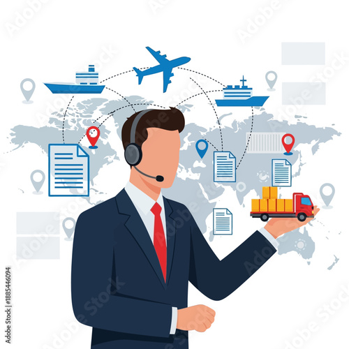 Professional logistics manager wearing a headset coordinates global shipping operations involving air, sea, and ground transportation networks effectively.