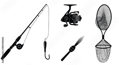 Fishing equipment icons set. Vector rod, reel, net and hook
