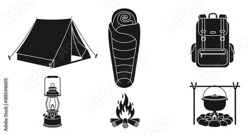Camping equipment icons set. Vector tent, sleeping bag, fire and backpack
