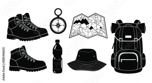Hiking equipment icons set. Vector boot, backpack, map and compass
