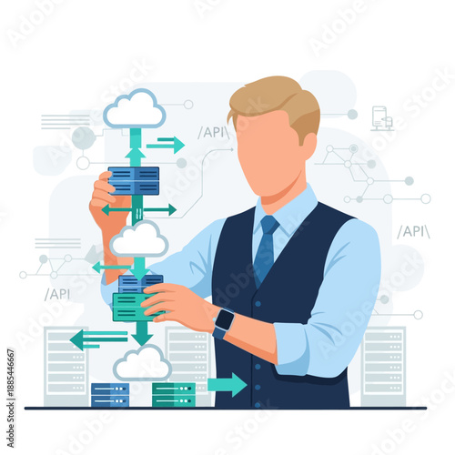 Professional developer efficiently manages complex cloud infrastructure and application programming interface workflows for seamless data integration services.