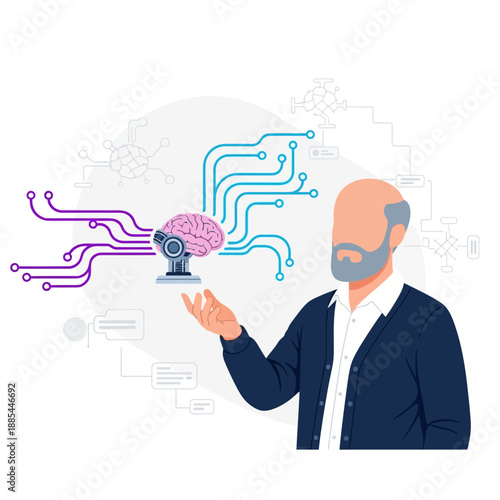 Senior scientist presents advanced artificial intelligence concept featuring a robotic brain connected to complex digital circuit pathways for technological innovation.