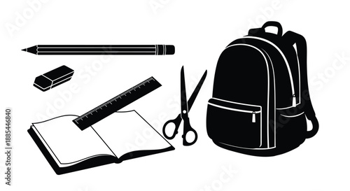 School supply icons set. Vector backpack, notebook, pencil and ruler
