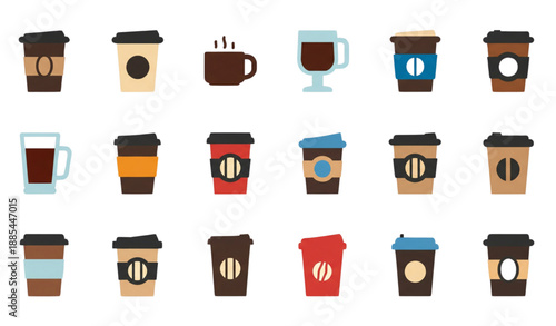 Hot beverage coffee and tea cup UI icons flat vector collection isolated on white