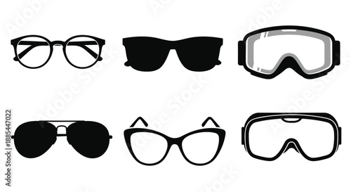 Glasses and goggles icons set. Vector sunglasses, ski and safety eyewear