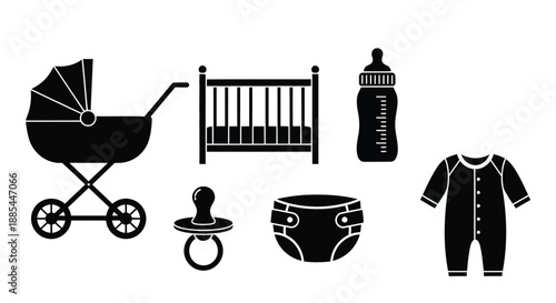 Baby care icons set. Vector stroller, crib, bottle and clothes