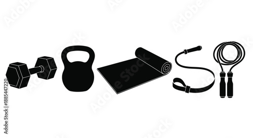 Gym workout icons set. Vector dumbbell, kettlebell, rope and mat