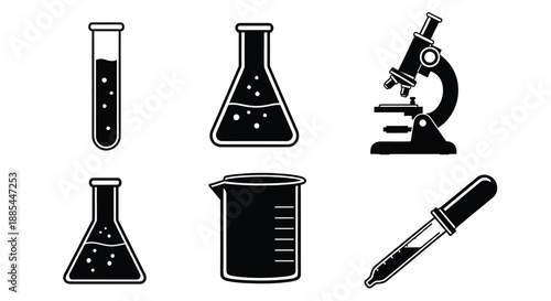 Science chemistry icons set. Vector flask, beaker, dropper and microscope