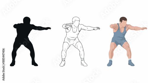 Illustration of a male wrestler in three stages: black silhouette, line drawing, and colored version, against a white background.