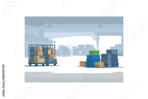 Flat vector background illustration of simple parcel staging area with rolling cages silhouettes and stacked totes style clean 2D shapes no outlines minimal details matte colors layered