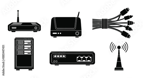 Network equipment icons set. Vector router, server and cables