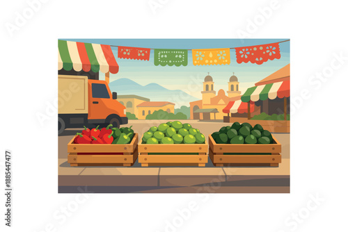 Flat vector illustration of Mexican market produce delivery with crates of peppers limes and avocados as on sidewalk style clean 2D shapes no outlines minimal details matte colors layered