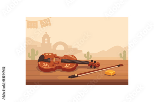 Flat vector illustration of mariachi violin on table with rosin and bow as minimal shapes style clean 2D shapes no outlines minimal details matte colors layered depth gentle atmospheric