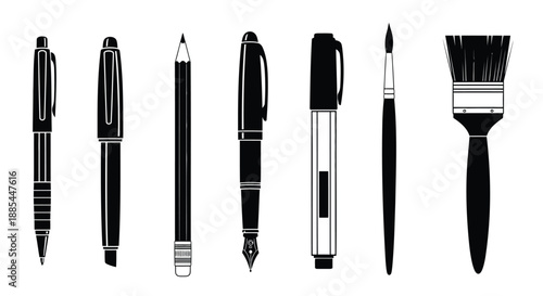 Writing and drawing tools icons set. Vector pen, pencil and brush