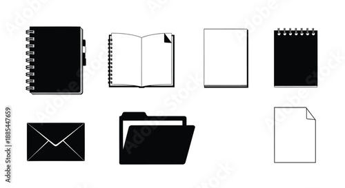 Stationery icons set. Vector notebook, folder, envelope and paper