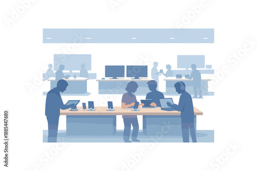 Flat vector background illustration of an electronics store demo tables with simplified people silhouettes trying devices and screen silhouettes haze style clean 2D shapes no outlines