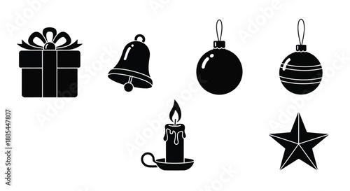 Christmas holiday icons set. Vector gift, bell, ball and candle