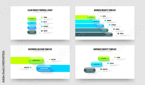 Creative Briefing Four Five Two Three Element Infographic Slideshow Template Vector Illustration Set. Modern Plan 4 5 2 3 Option Diagram Slide Layout Bundle.