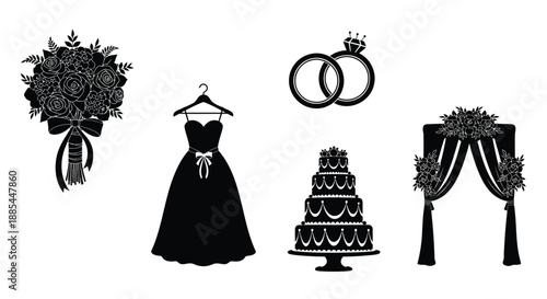 Wedding icons set. Vector dress, cake, rings, arch and bouquet