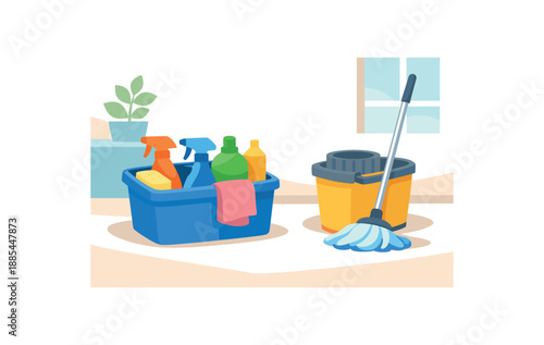 Flat vector illustration of home cleaning caddy with spray bottle silhouettes and mop bucket style clean 2D shapes no outlines minimal details layered depth simplified silhouettes calm mood