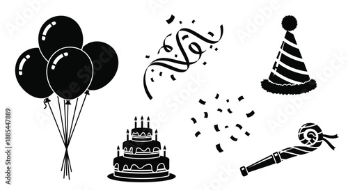 Birthday party icons set. Vector balloon, cake, hat and confetti