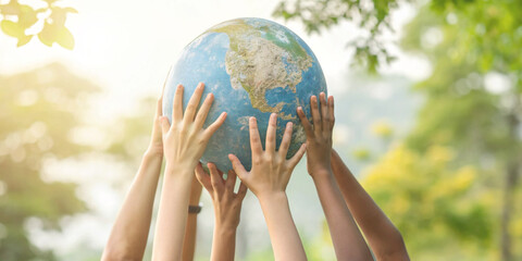 Environmental responsibility concept and collaboration in caring for the Earth with many hands working together to lift a model of the world