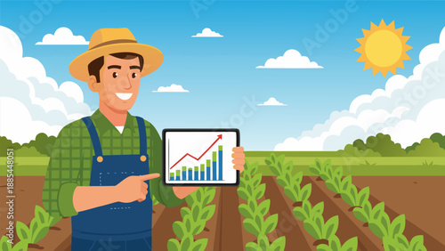 Farmer leveraging technology for agricultural growth, displaying success data on a digital tablet in a vibrant vector illustration