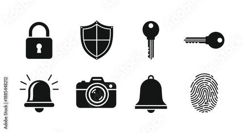 Security system icons set. Vector lock, key, camera and fingerprint