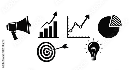 Business strategy icons set. Vector chart, target, megaphone and idea