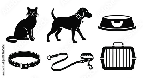 Pet care icons set. Vector silhouettes of dog, cat and accessories