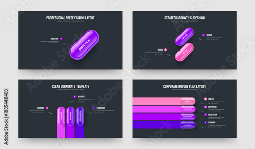 Professional Profile 1 2 3 4 Element Infographic Presentation Template Bundle. Consulting Portfolio One Two Three Four Step Diagram Slide Design Vector Illustration Set.
