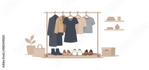 Flat vector illustration of minimalist capsule wardrobe rack with few garments silhouettes and shoes lined neatly style clean 2D shapes no outlines minimal details layered depth simplified