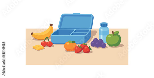 Flat vector illustration of lunchbox packing without people: bento box silhouette fruit shapes and small bottle without label style clean 2D shapes no outlines minimal details layered depth