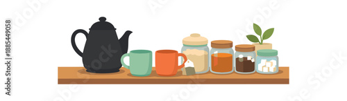 Flat vector illustration of cozy tea station with kettle silhouette mugs and jar lineup without labels style clean 2D shapes no outlines minimal details layered depth simplified silhouettes