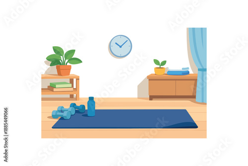 Flat vector illustration of home workout corner with yoga mat silhouette dumbbells and water bottle without label style clean 2D shapes no outlines minimal details layered depth simplified
