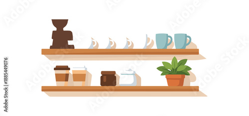 Flat vector illustration of simple coffee bar shelf with grinder silhouette cups and plant pot style clean 2D shapes no outlines minimal details layered depth simplified silhouettes calm