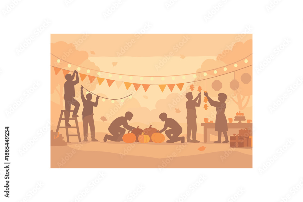 Naklejka premium Flat vector background illustration of an autumn holiday party decoration setup with simplified people silhouettes hanging garlands and setting pumpkins silhouette decor haze style clean 2D