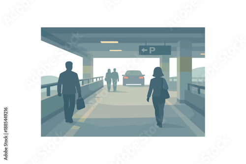 Flat vector background illustration of parking garage walkway with simplified people silhouettes heading to silhouette under soft haze style clean 2D shapes no outlines minimal details