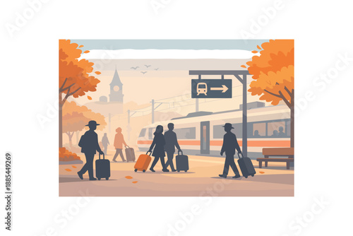 Flat vector background illustration of an autumn holiday travel day at train station with simplified people silhouettes rolling suitcases through mist haze style clean 2D shapes no outlines