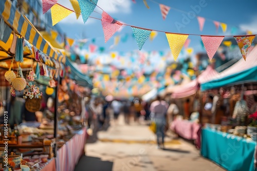 Colorful outdoor street market with festive bunting and people shopping