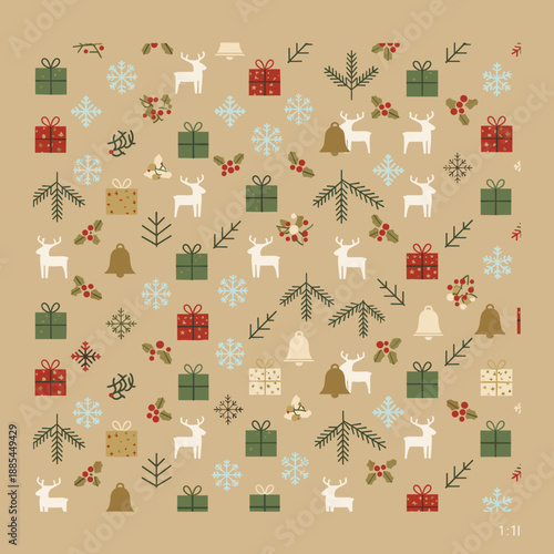 Seamless Christmas pattern with reindeer gifts holly bells and snowflakes on a rustic background