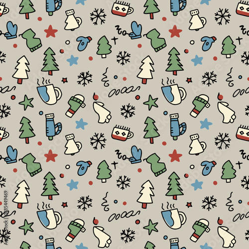 Seamless winter doodle pattern Handdrawn fir trees mugs and mittens create a cozy holiday background