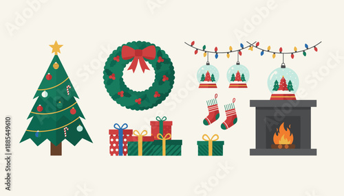 Collection of festive Christmas icons decorated tree wreath gifts fireplace stockings and snow globes
