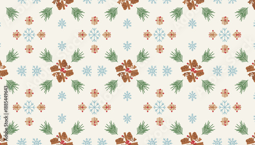Festive winter holiday pattern pine cones cinnamon evergreen gifts and blue snowflakes