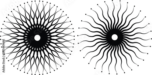 Web Abstract Black Sunburst Pattern with Rippling Rays and Dot Accents on White Background - Vector Art