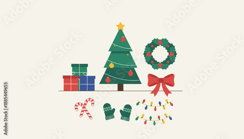 Christmas vector illustration featuring holiday elements tree gifts wreath bow lights and mittens